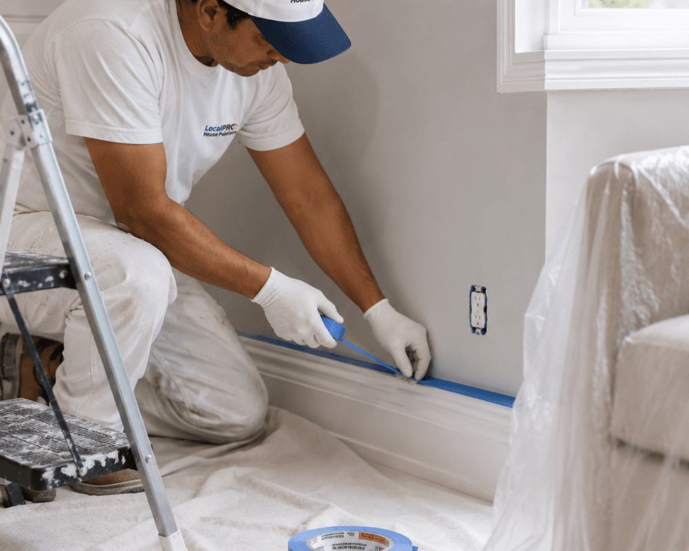LocalPRO painter masking baseboards during surface preparation in Connecticut
