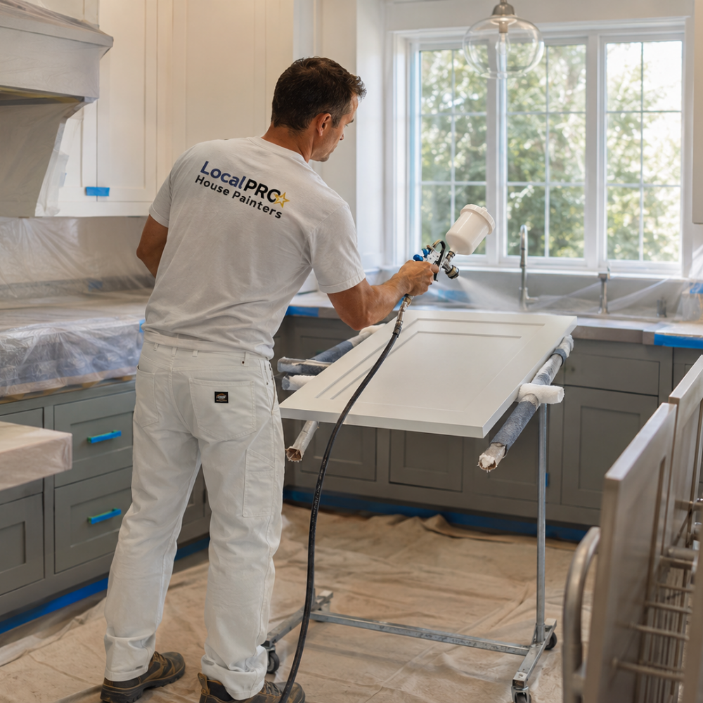 LocalPRO cabinet painter applying a smooth finish to kitchen cabinets in Connecticut