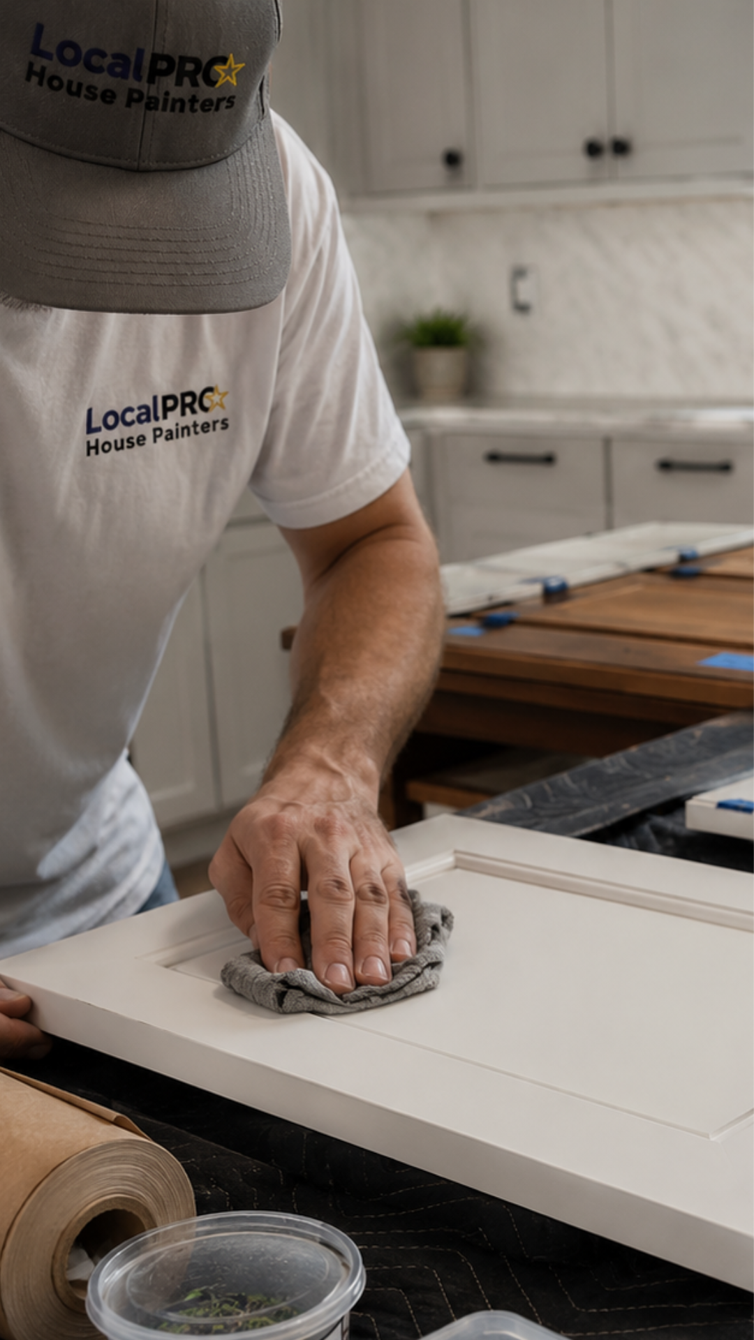 Professional cabinet painter preparing cabinet surfaces for a smooth painted finish