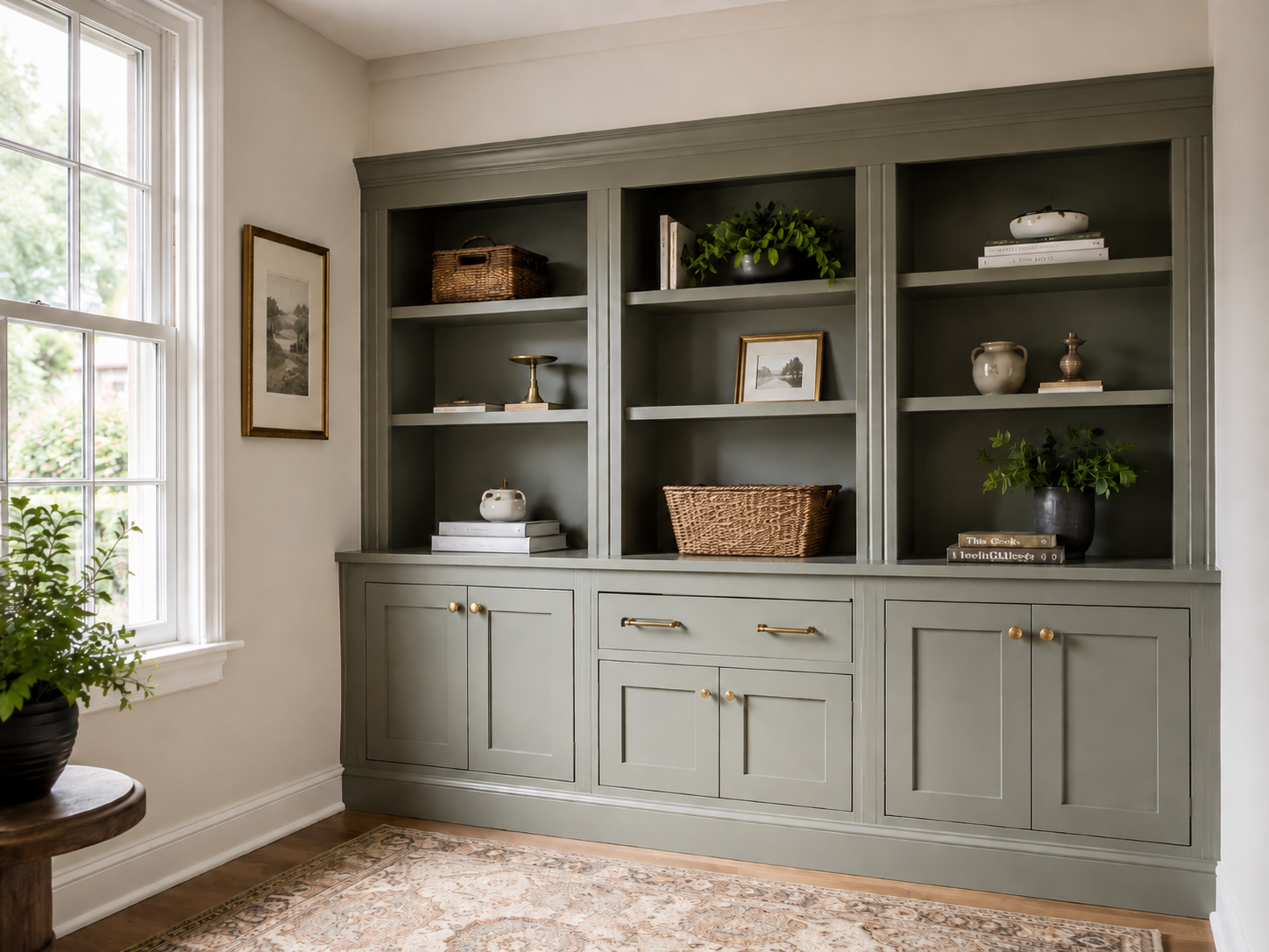 Painted built-in cabinets and shelving in a Connecticut home