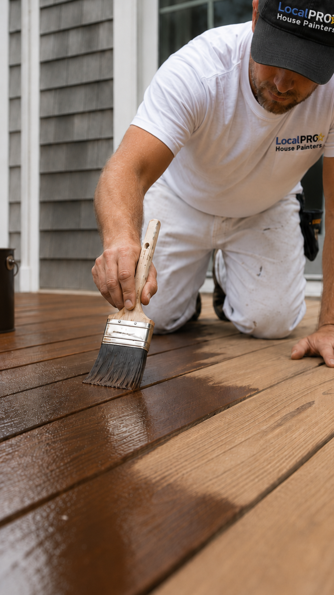 Professional deck painter preparing wood surfaces for painting and staining