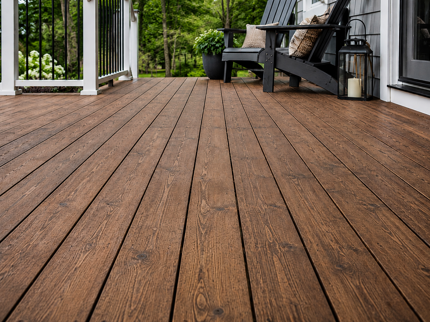 Freshly stained deck floor boards on a Connecticut home