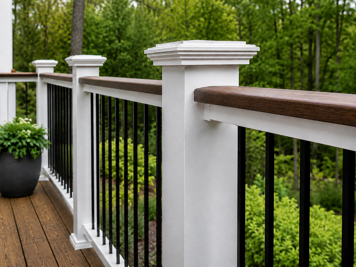 Painted and stained deck railings on a Connecticut deck