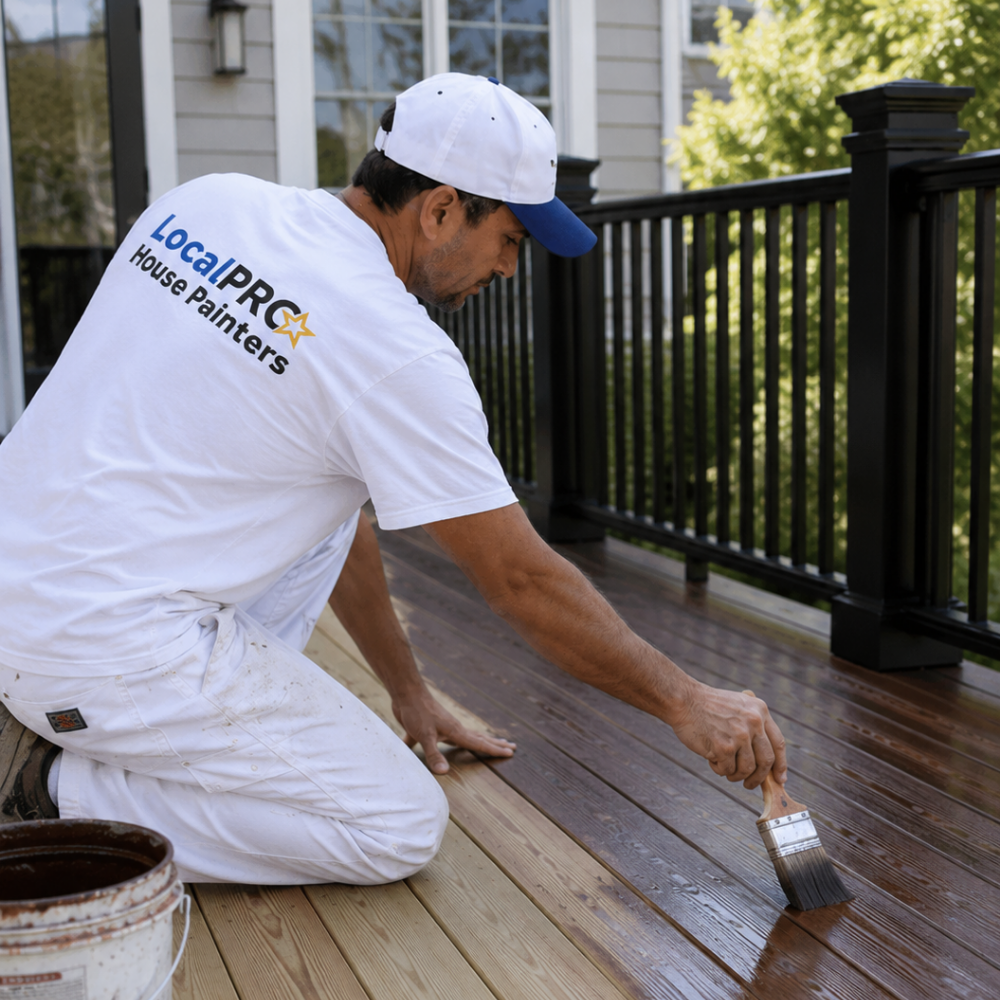 LocalPRO deck staining contractor applying finish to a Connecticut deck