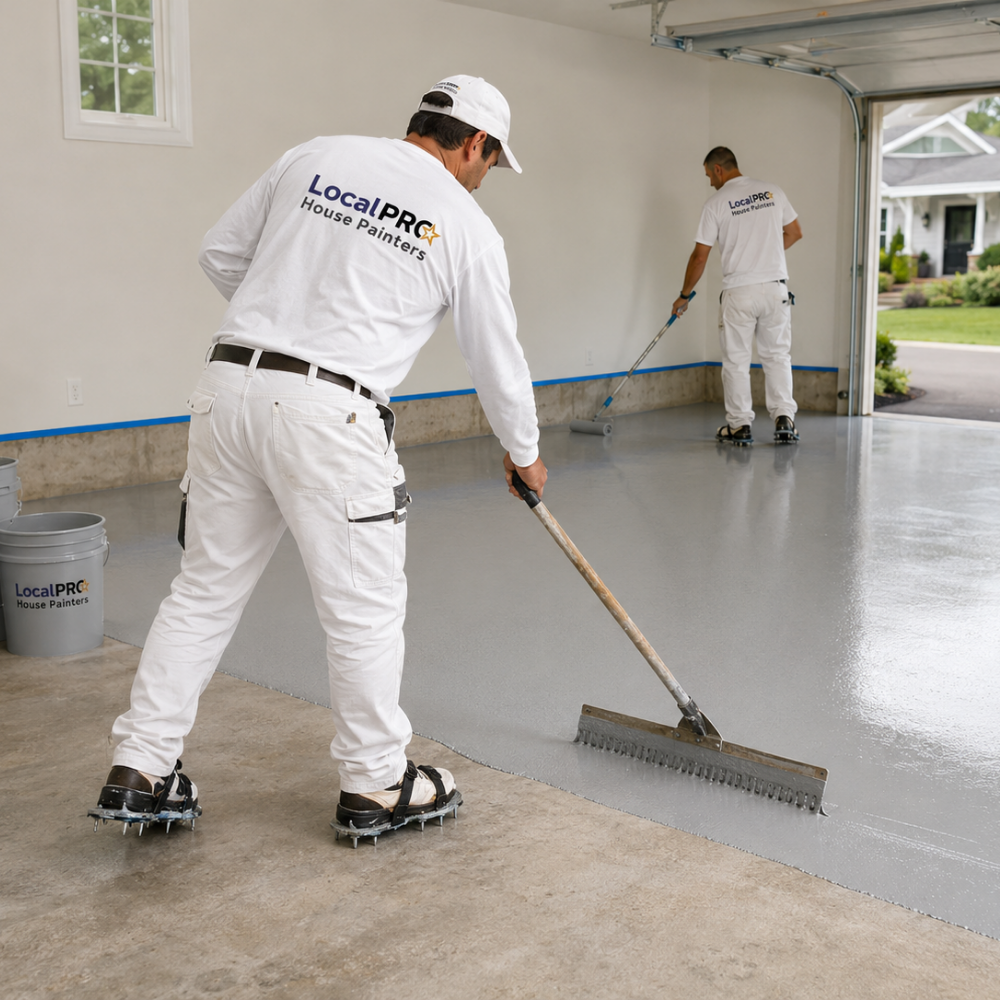 LocalPRO epoxy floor coating contractor applying finish to a Connecticut garage floor