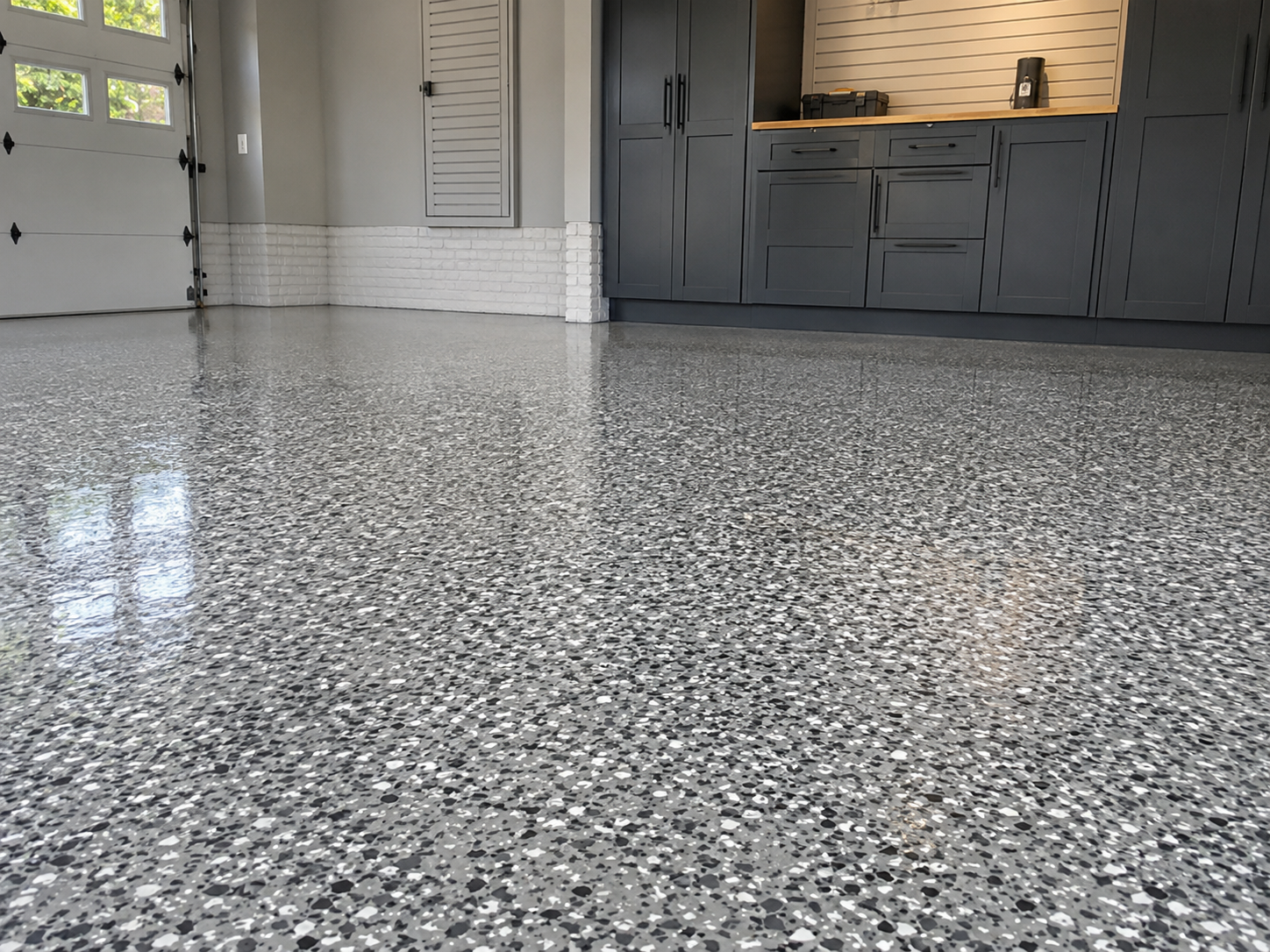 Flake epoxy floor coating system installed in Connecticut