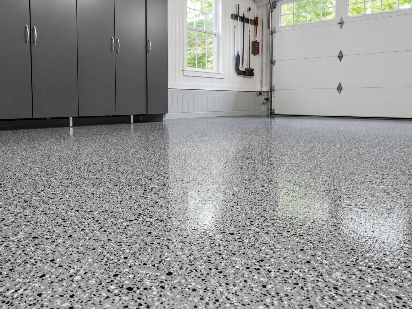 Garage epoxy floor coating installed in a Connecticut home