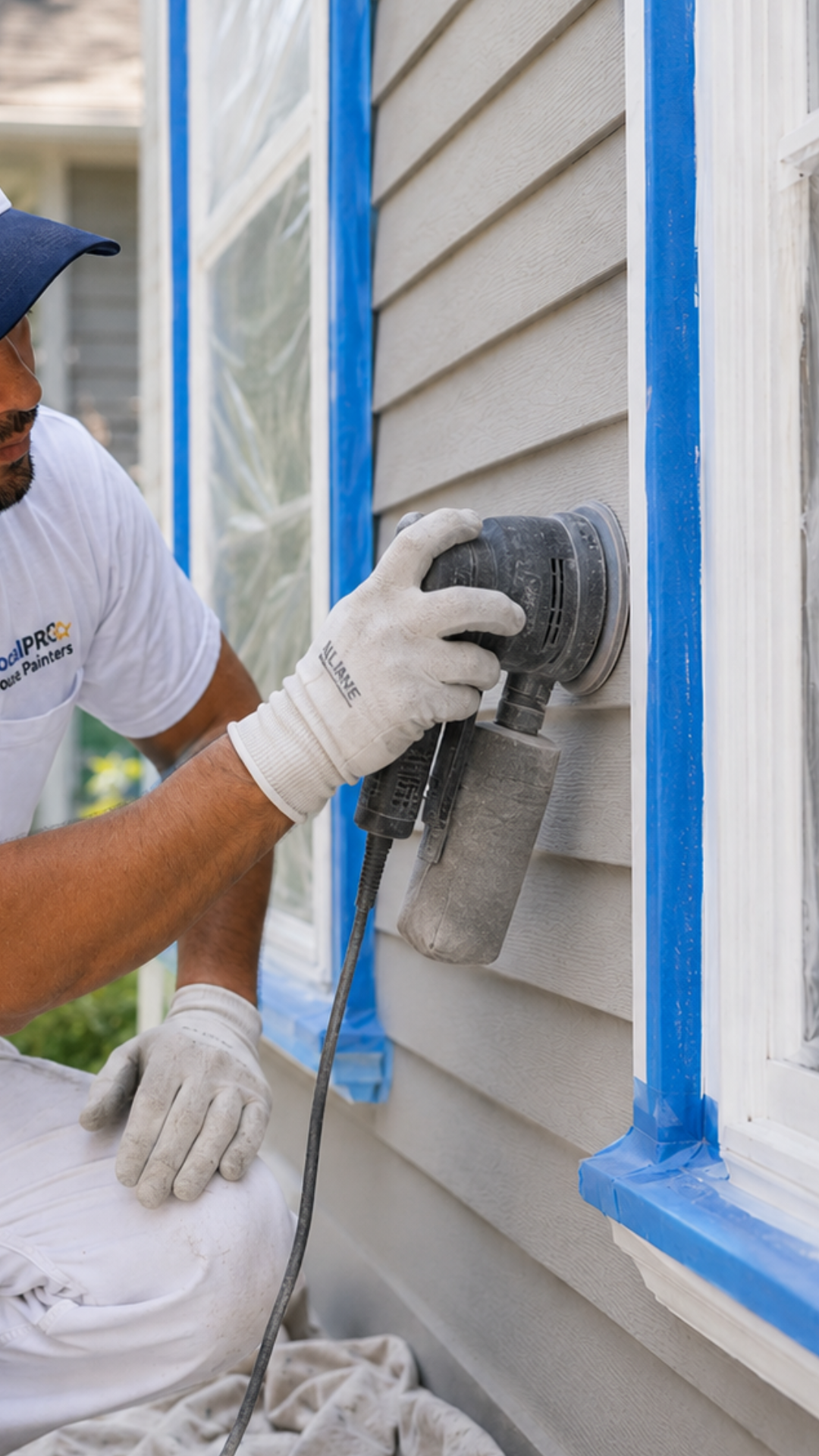 Professional exterior painter preparing home surfaces for painting
