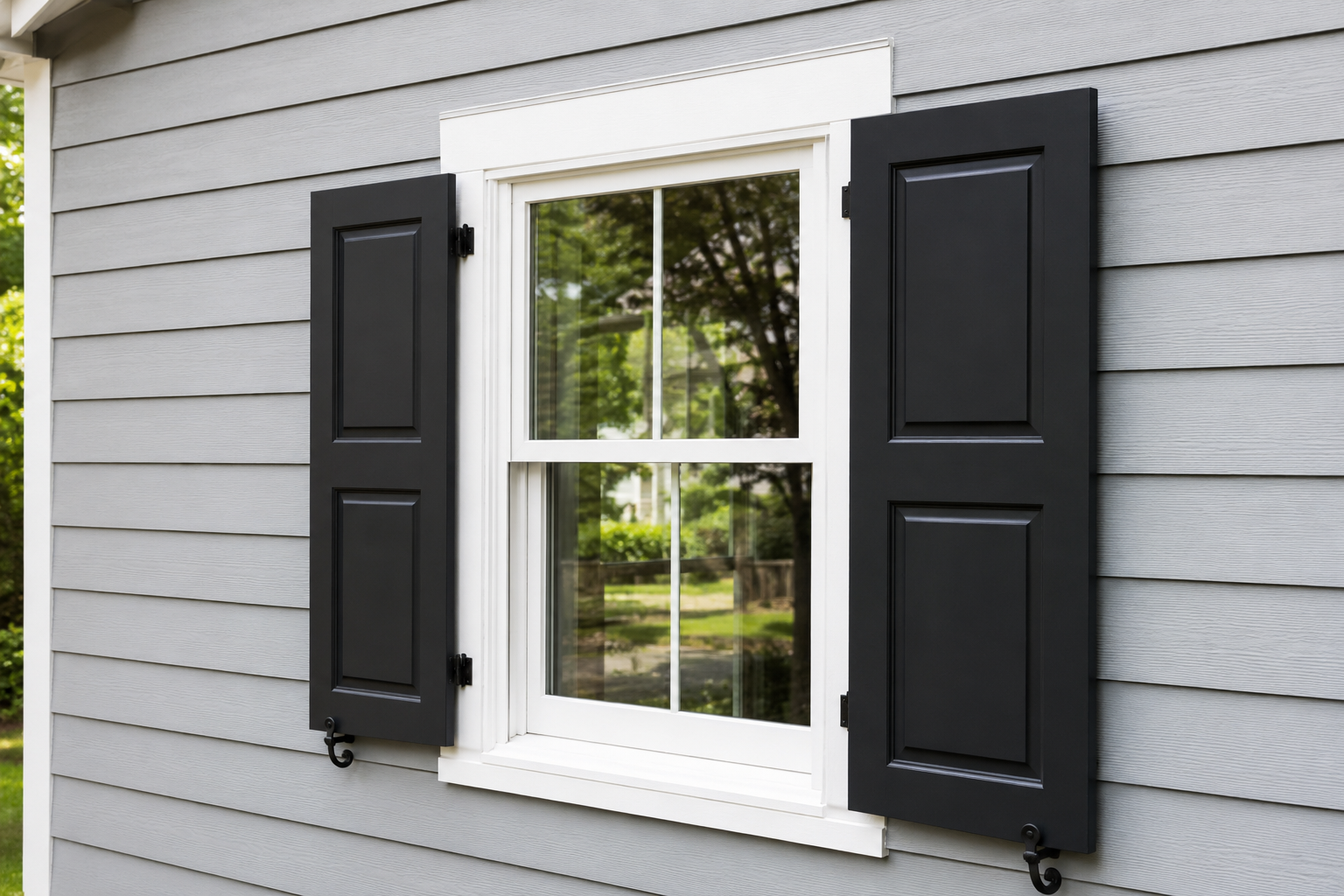 Exterior window shutters freshly painted on a Connecticut home