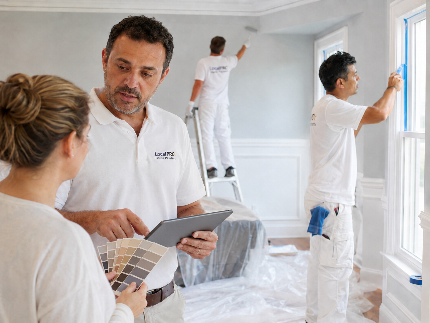 Professional house painter applying paint to a home exterior