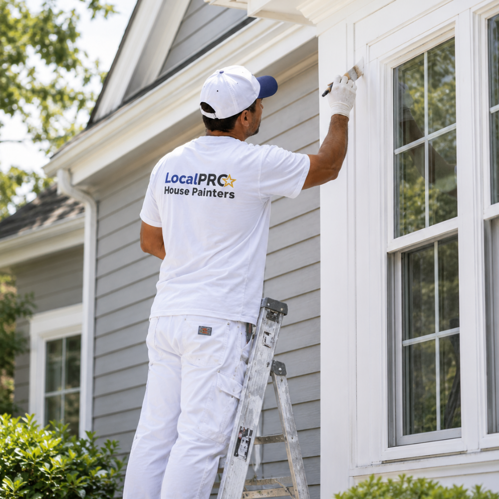 LocalPRO exterior painter applying paint to window trim on a Connecticut home