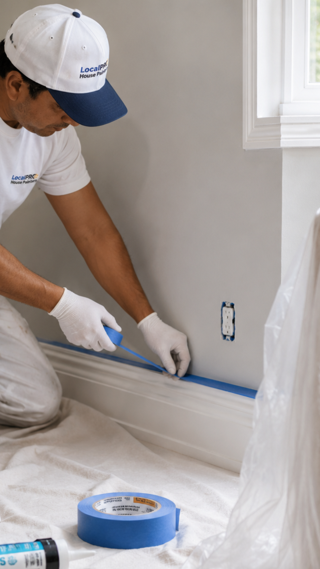 Professional interior painter protecting floors while painting a room