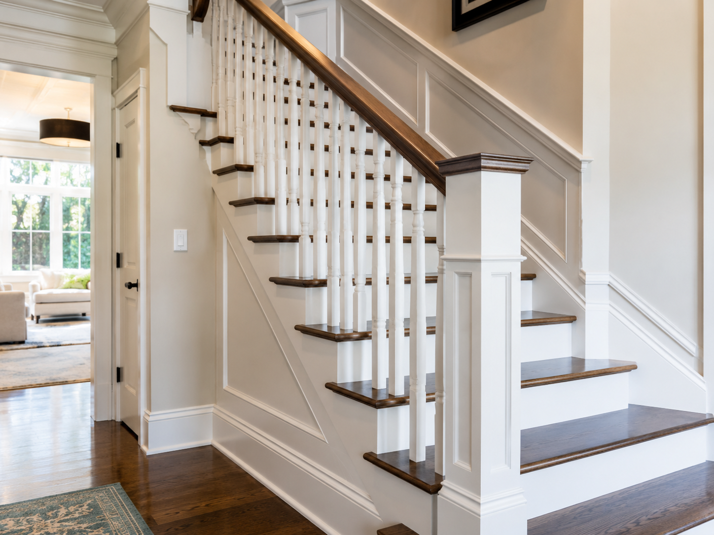 Interior stairwell and railing painting in a Connecticut home