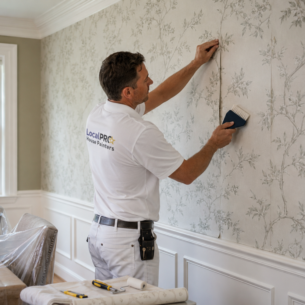 LocalPRO wallpaper installer applying wallpaper in a Connecticut home