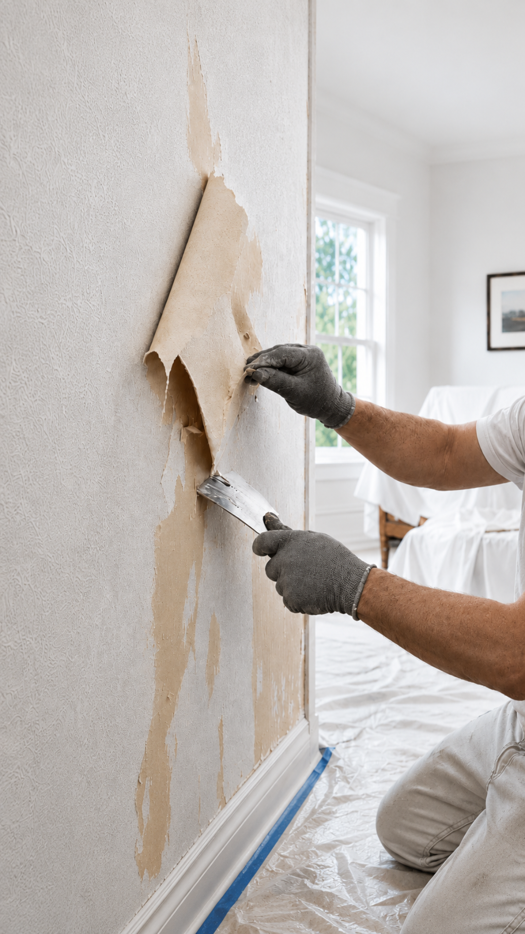 Professional wallpaper installer preparing walls and protecting a room