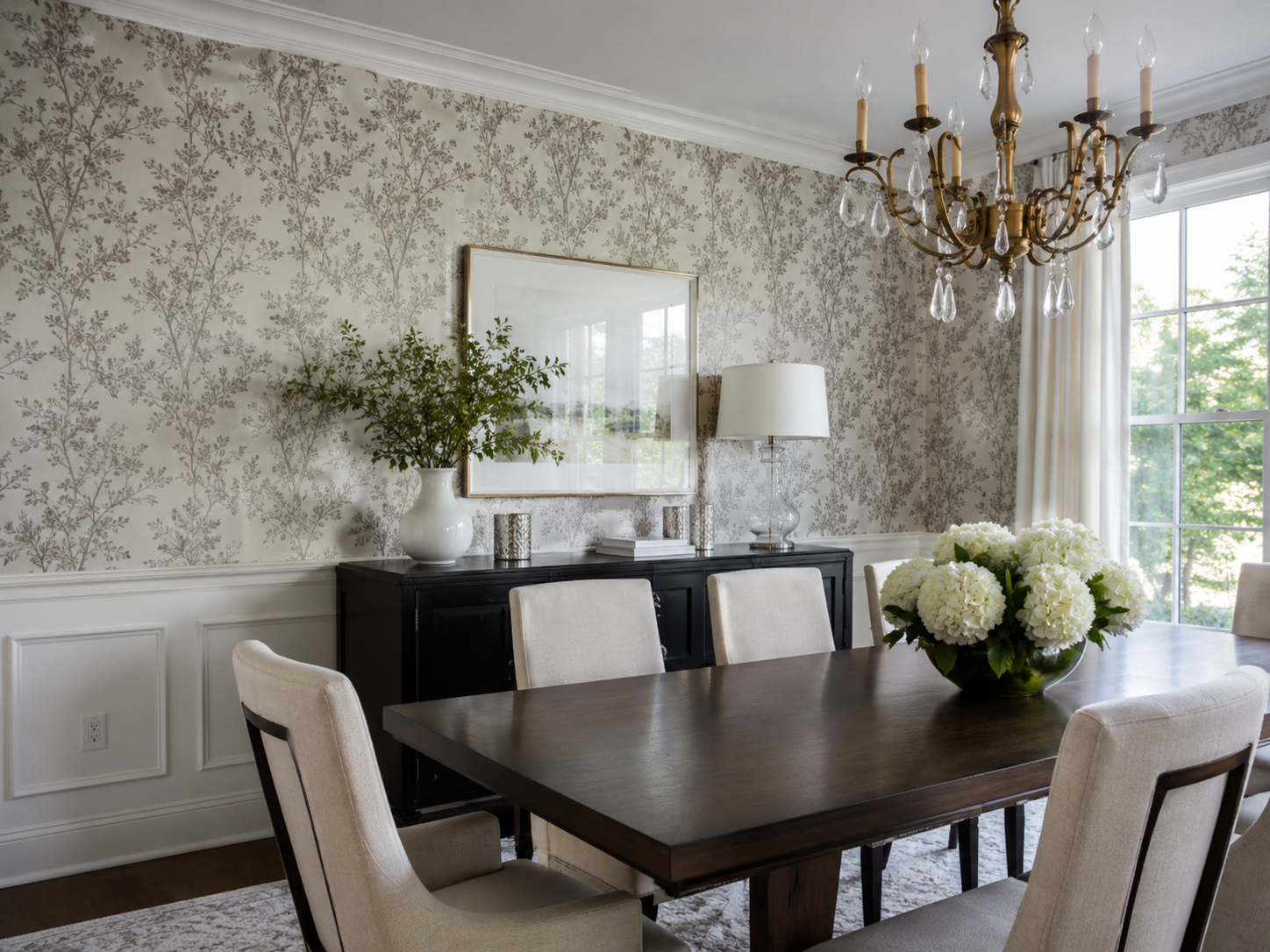 Dining room wallpaper installation in a Connecticut home