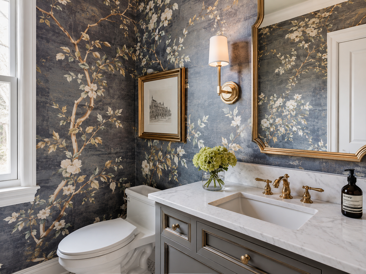 Powder room wallpaper installation in a Connecticut home