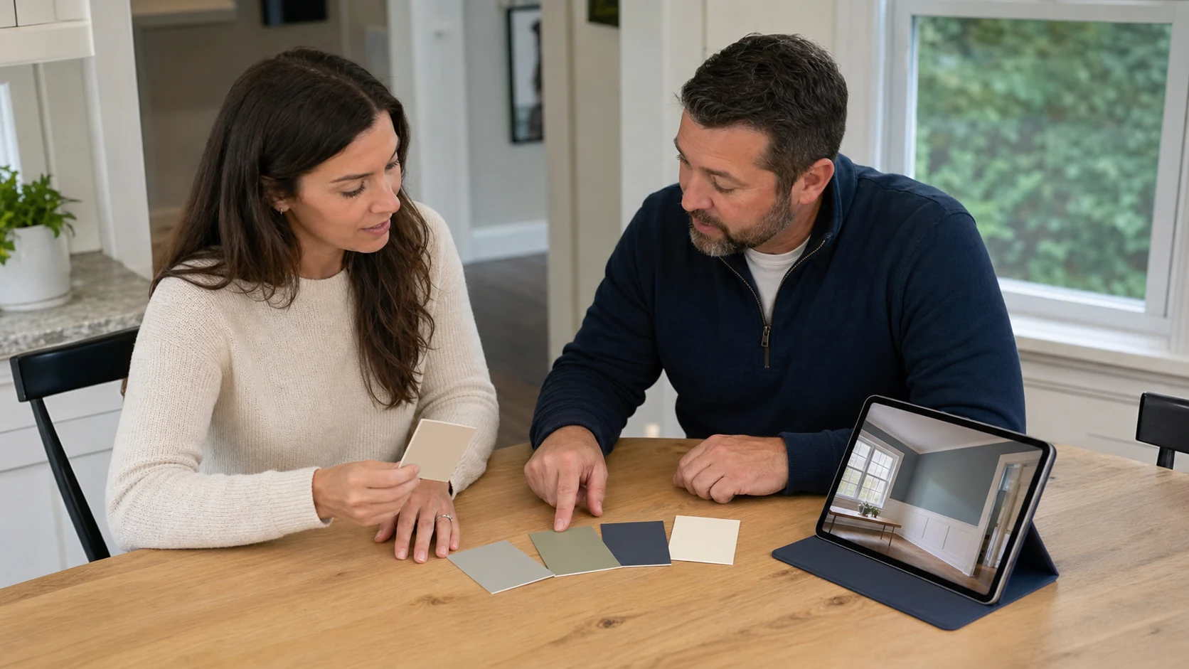 Homeowner and painting professional reviewing physical paint samples beside a tablet during an in-home project discussion