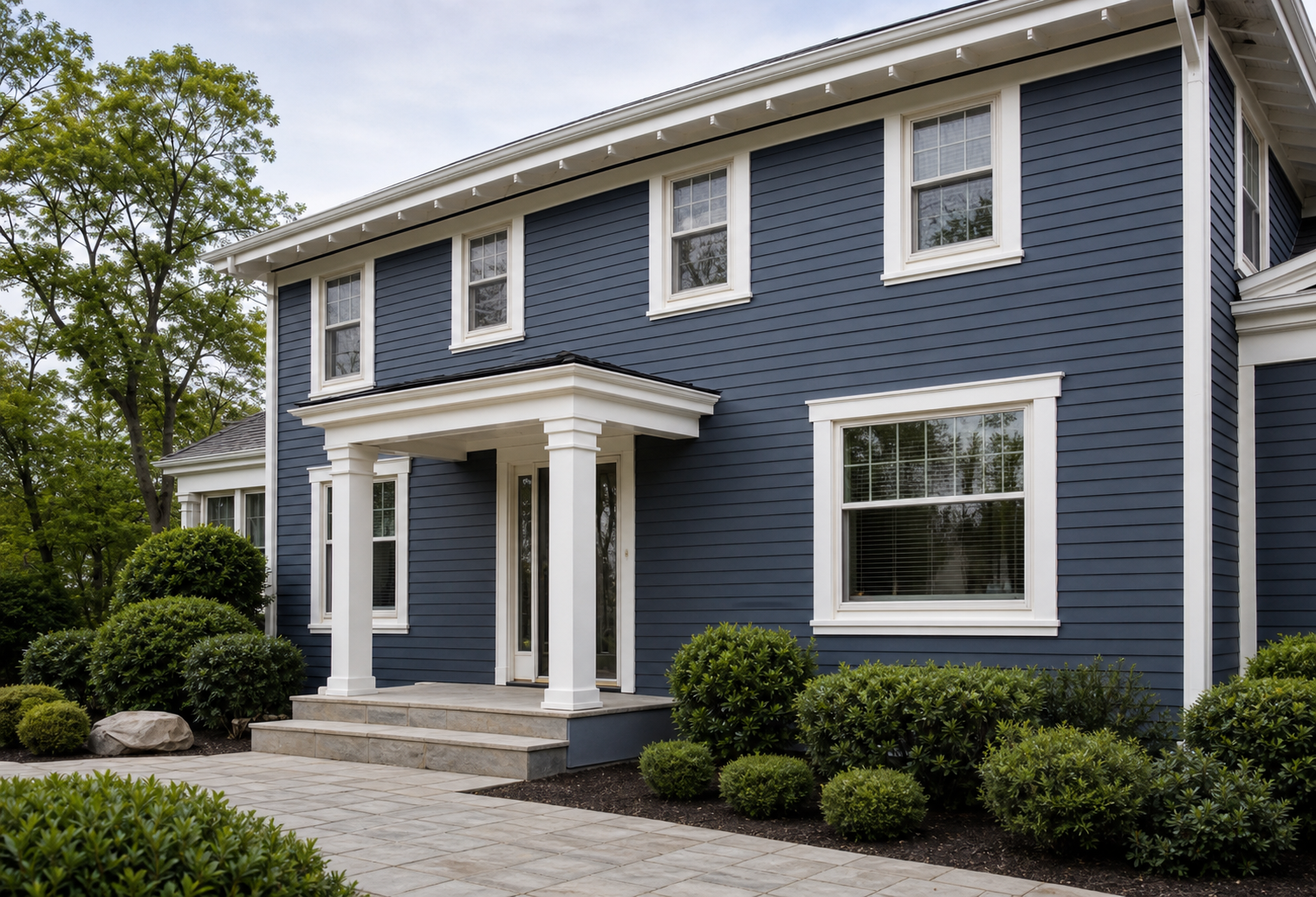 Finished exterior painting result on a navy blue and white home