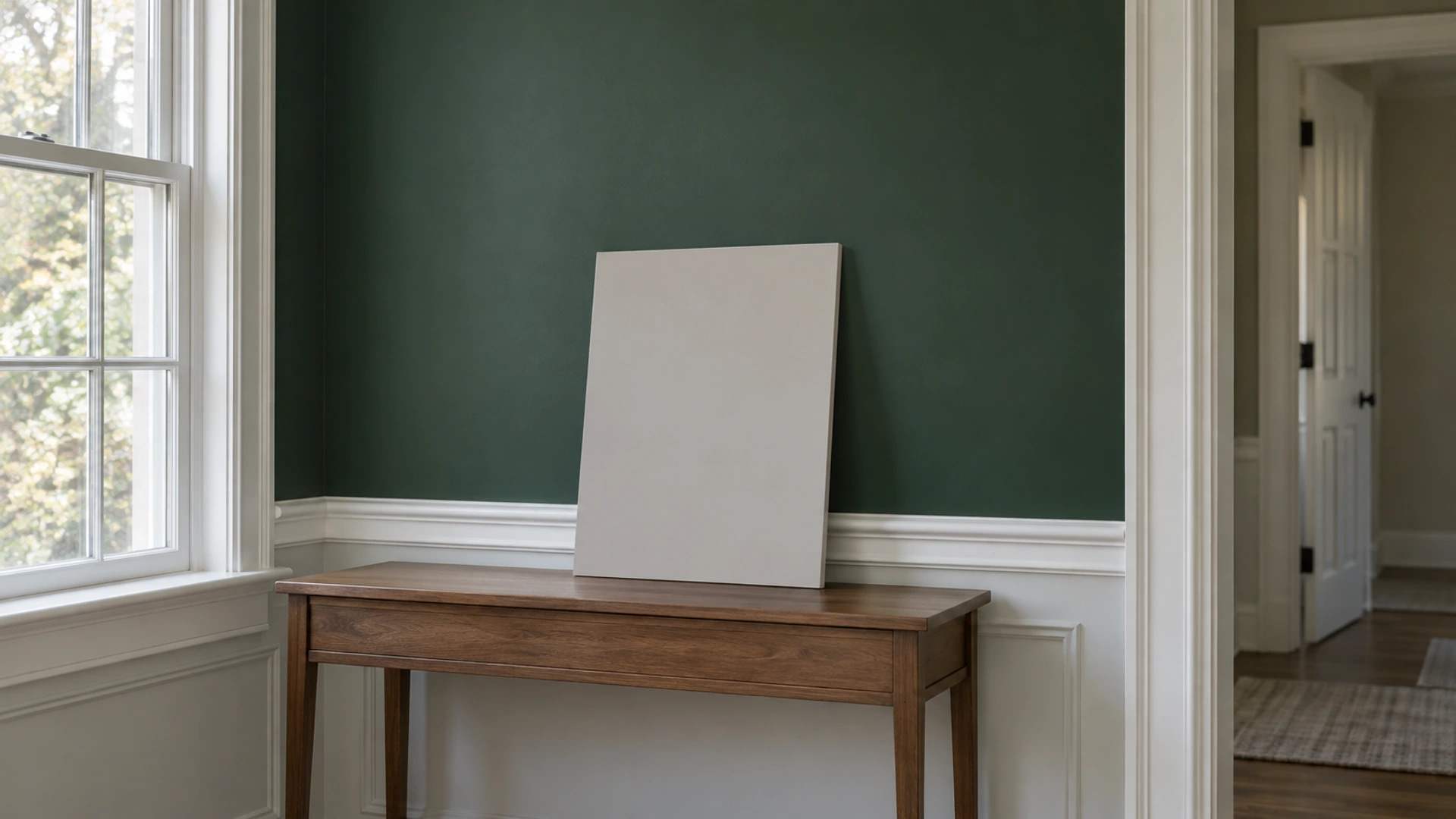 Light paint sample board on a wood console against a dark green wall and white trim.