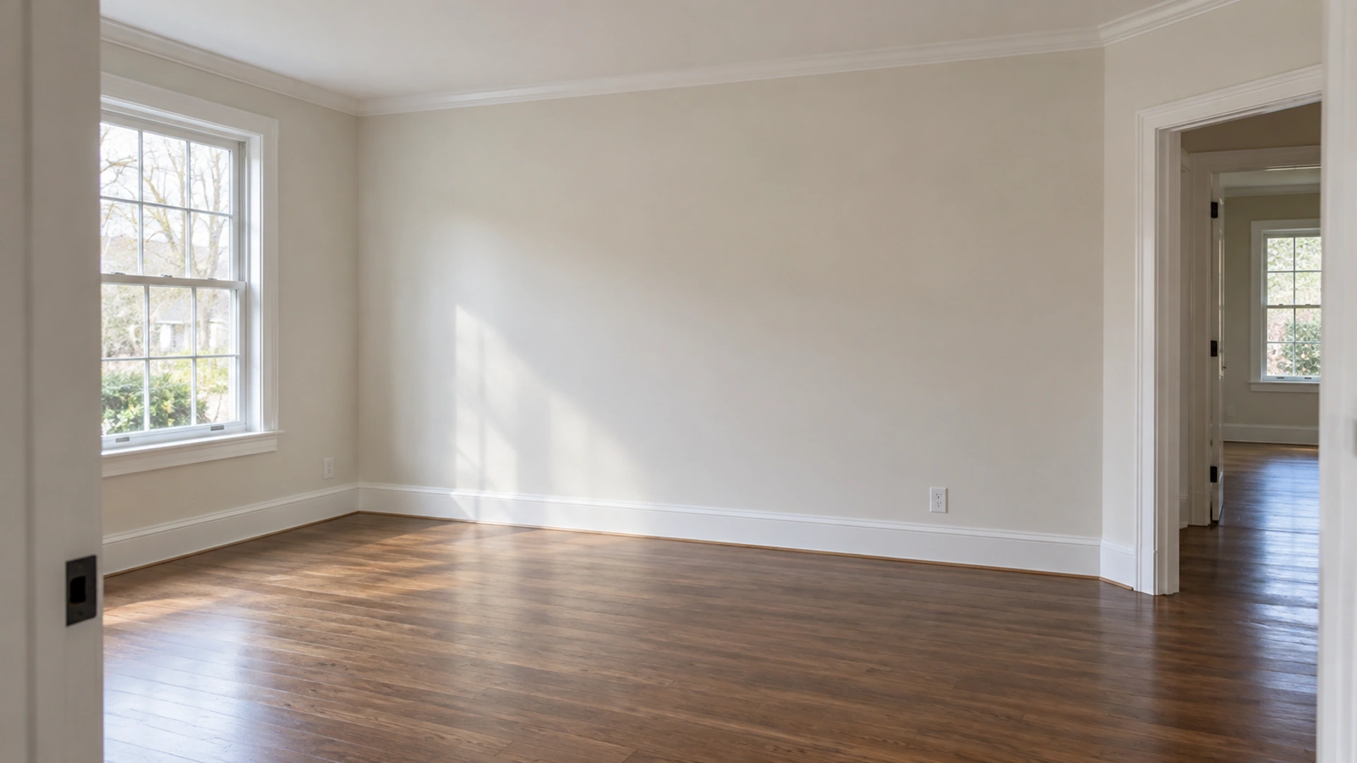Empty room with light walls, white window and doorway trim, and a wood floor.