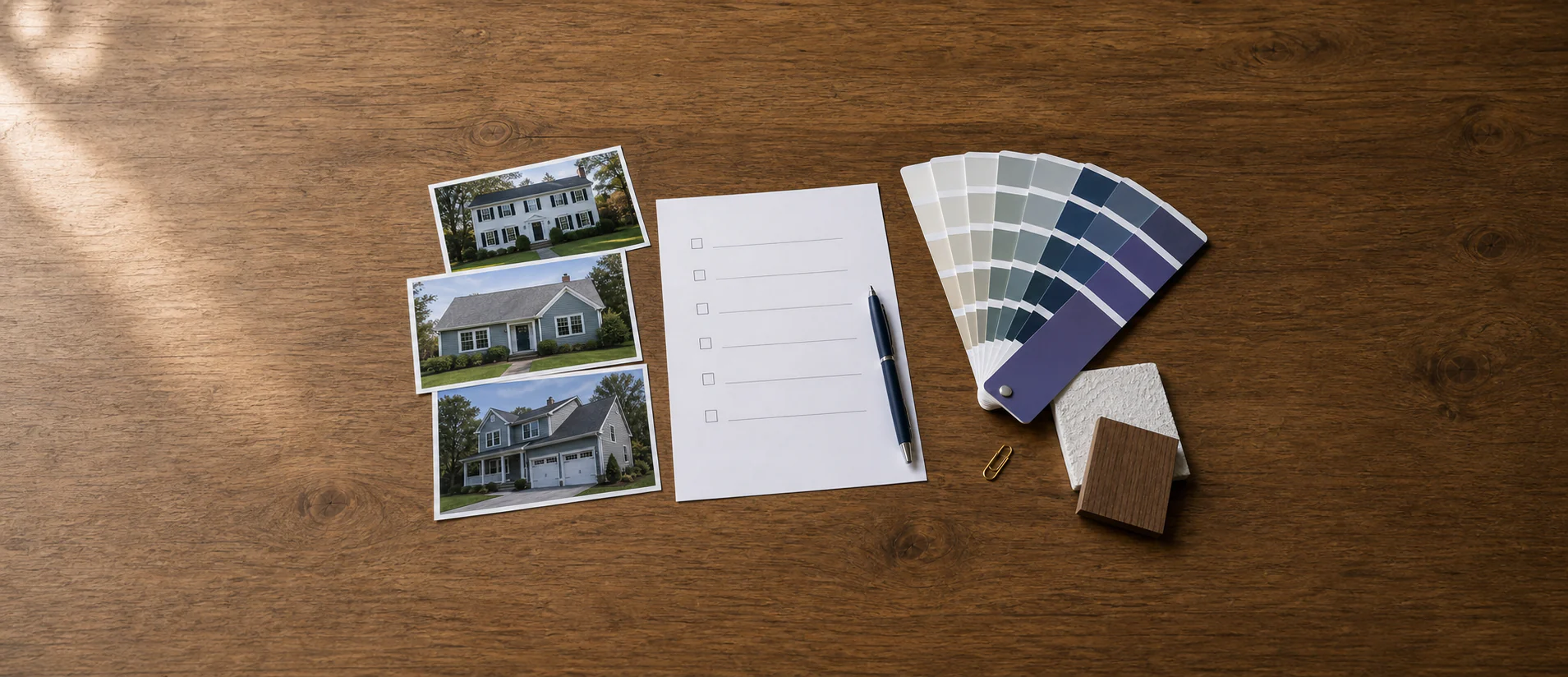 Homeowner painting checklist with house photos, project notes, paint color samples and finish materials