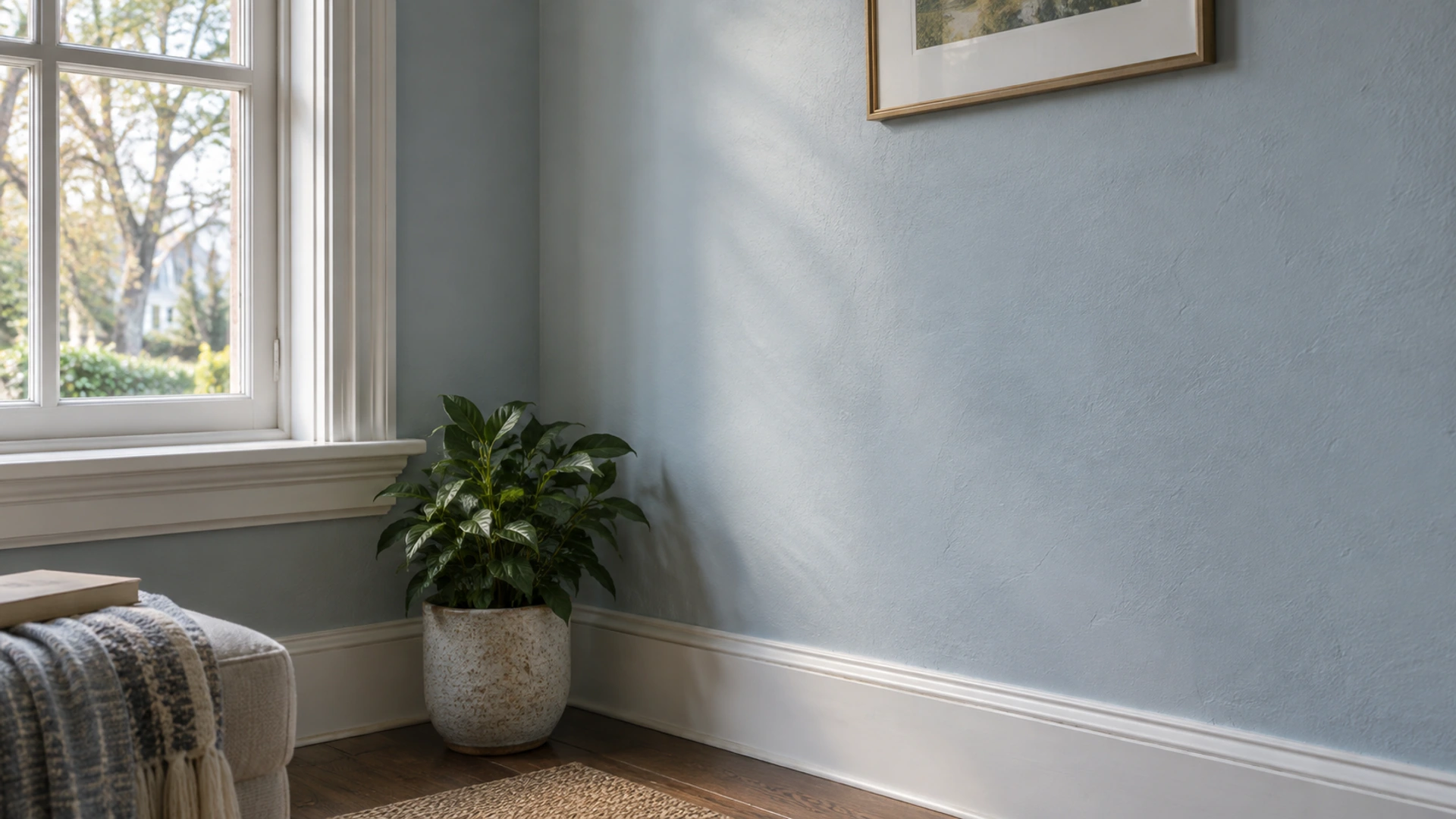 Illustrative interior with a softly textured pale blue wall, white window trim and baseboard.