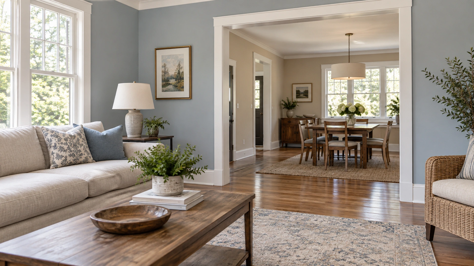 Blue-gray living room connected to a warm neutral dining room through a wide white-cased opening.