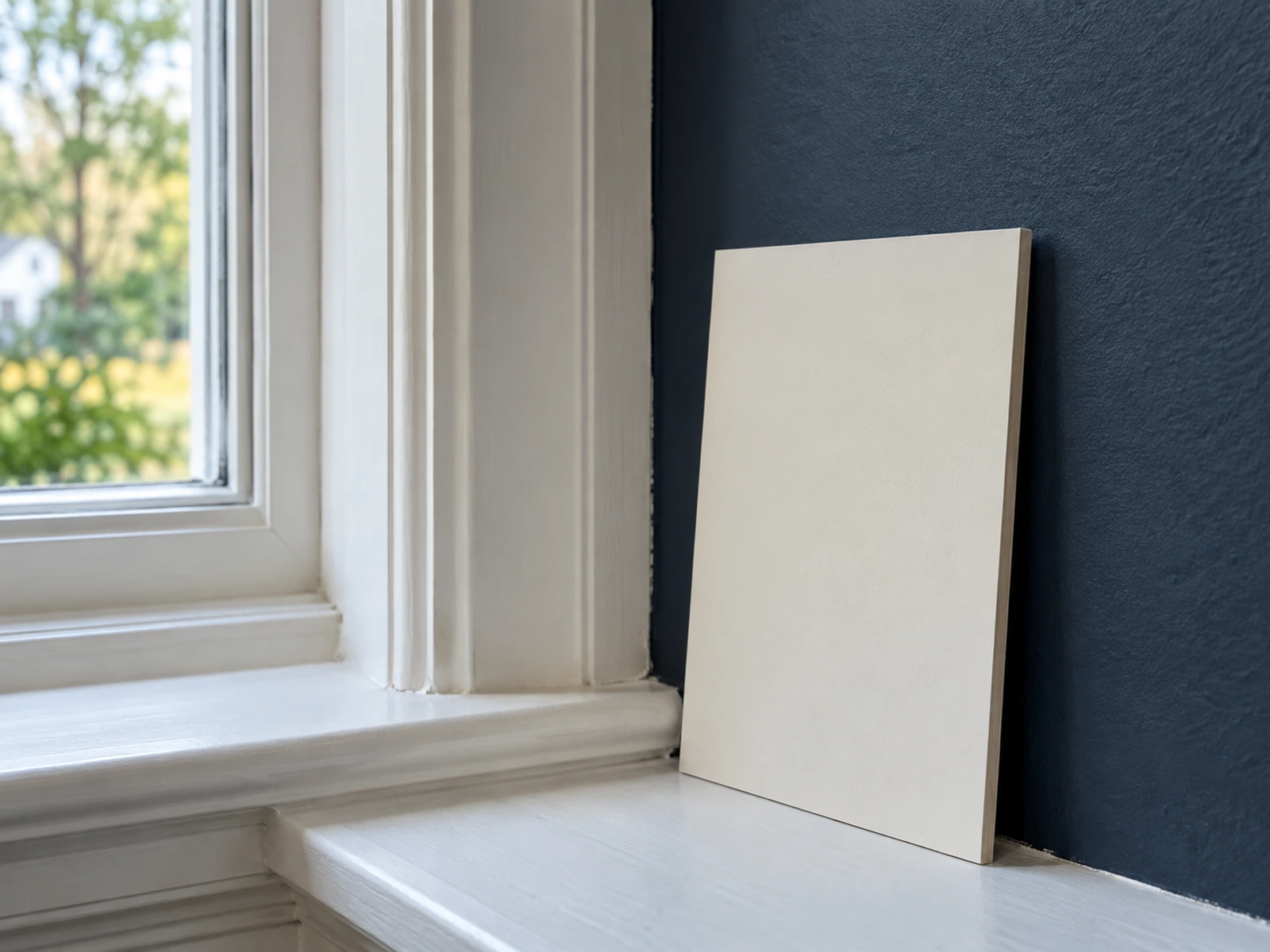 Off-white paint sample board beside white window trim and a dark blue wall.