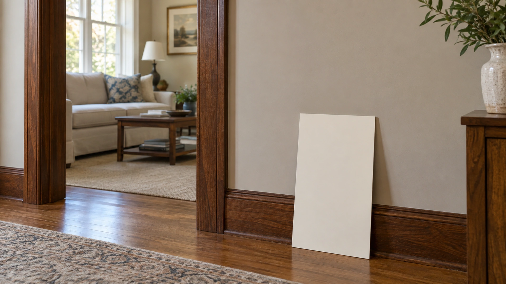 Brown wood doorway trim and baseboard beside a light paint sample board leaning against the wall.