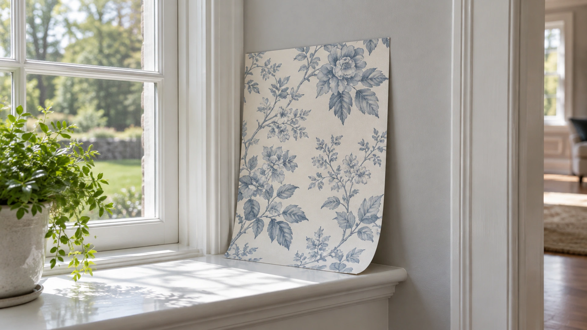 Loose blue botanical wallpaper sample resting beside a pale wall and white window casing.