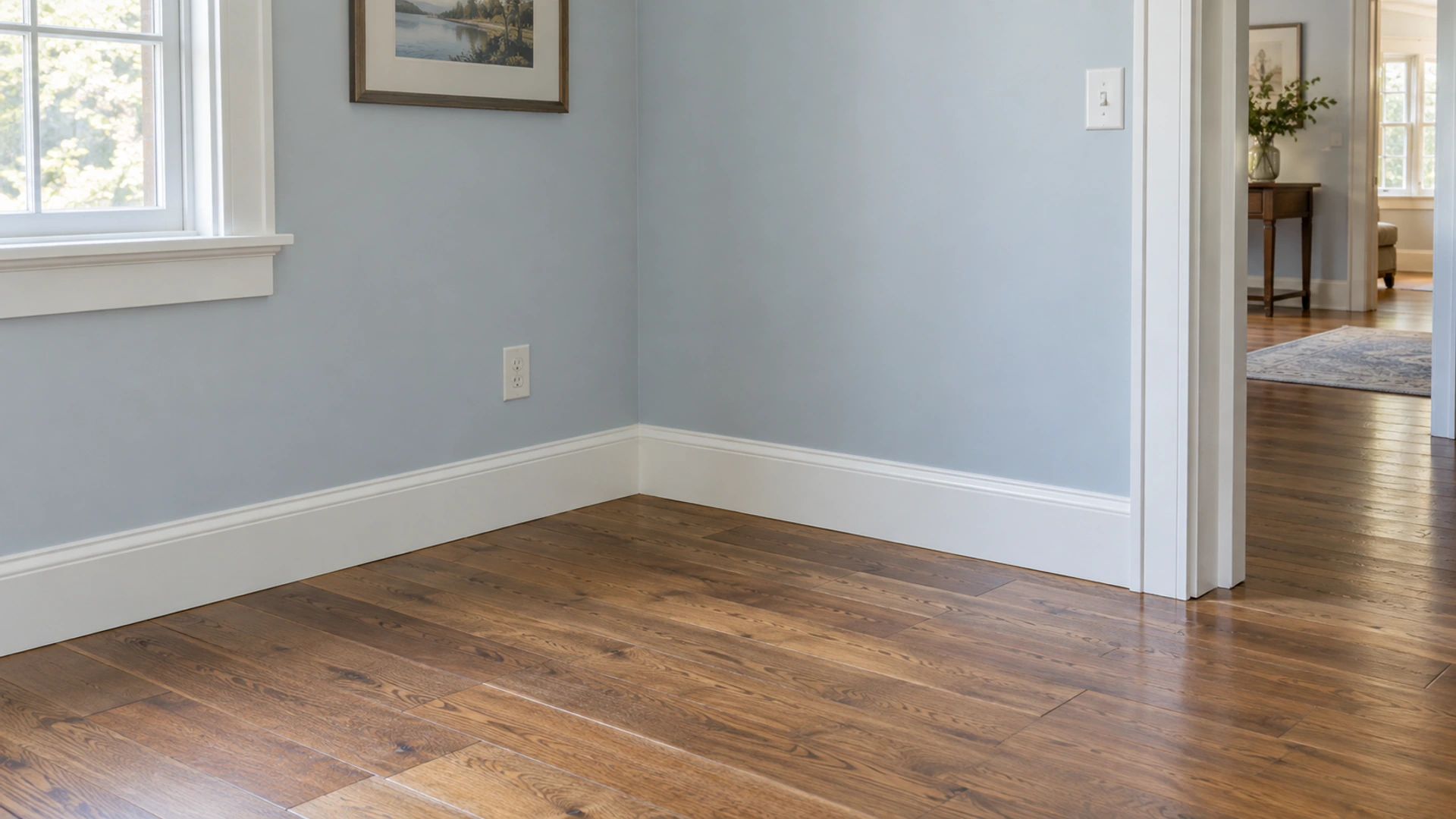 Wood floor meeting white baseboards and pale blue walls beside an open doorway.